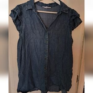 Blue Ruffled Cap Sleeve Button Down Shirt